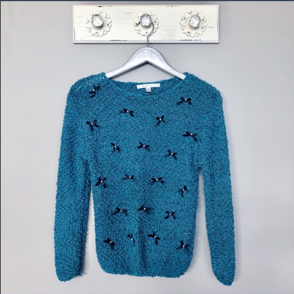 LC Lauren Conrad Teal Blue Sweater with Black Bows